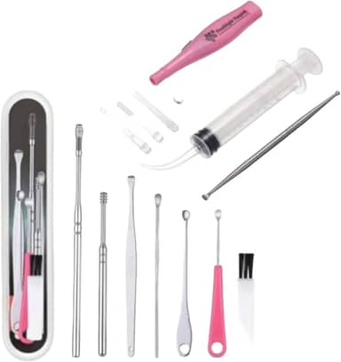 Kit Com 7 Peças Limpeza Auricular Cera Ouvido Orelha Cureta Espátulas + Seringa Lavagem Ouvido