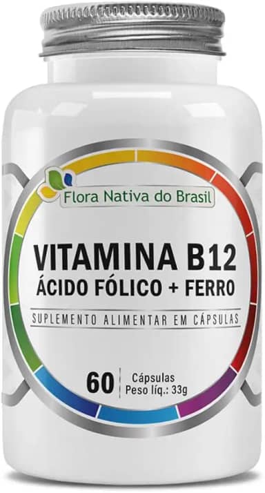 Suplemento de Vitamina B12, Ácido Fólico + Ferro 500mg 60 Capsulas - Flora Nativa