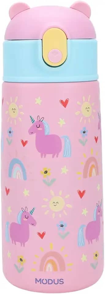 Garrafa Térmica Infantil - 500mL, Parede Dupla Livre de BPA, Anti Vazamento, com Canudo Silicone (Rosa)