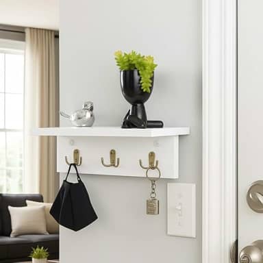 Porta Chaves de Parede com Prateleira em MDF - Chaveiro Decorativo - Organizador de Porta de Entrada - Prateleira para Chaves, Carteira e Óculos - UpShop (Branco)