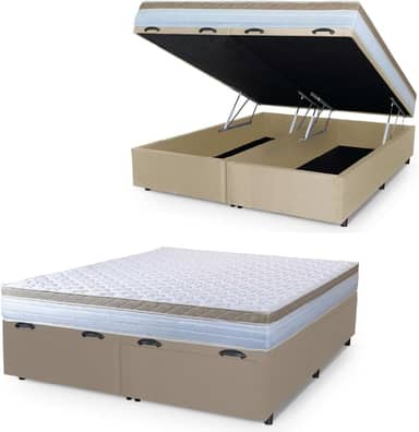 Cama Box Baú Casal King Colchão Com Molas Ensacadas 193x203x63cm Dunas Branco/Bege Hellen