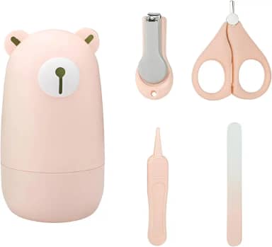Kit Cortador de Unhas para Bebê com Tesoura Pinça Lixa Estojo de Urso e Design Seguro Portátil (Rosa)