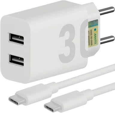 Carregador Super Turbo 30W Ultra Rápido Porta Dupla Tipo C e USB Com Carregamento Rápido + Cabo Tipo C Compatível Com Todos Os Dispositivos, Motorola, Samsung, IPhone 15/16, Xiaomi Premium (Branco)