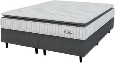 Cama Box Colchão Casal King Molas Ensacadas City Pillow Top 193x203x61cm Cinza/Branco Hellen - Suporta até 110kg por Pessoa