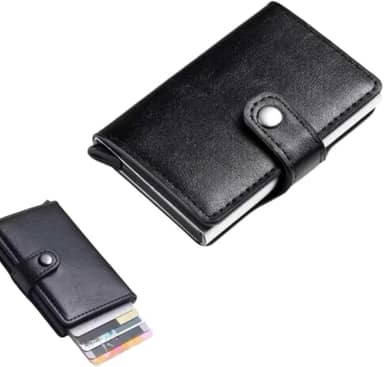 Carteira Slim com Proteção RFID, Couro, Porta Cartões com Pop-up Automático, Preto e Marrom, Design Minimalista, Proteçâo Contra Furto
