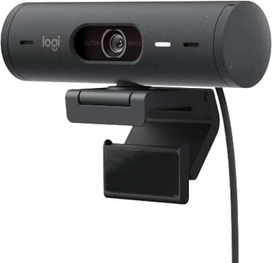 Webcam Full HD Logitech Brio 500 com Microfones Duplos com Redução de Ruídos, Proteção de Privacidade, Correção de Luz e Enquadramento Automático - Grafite