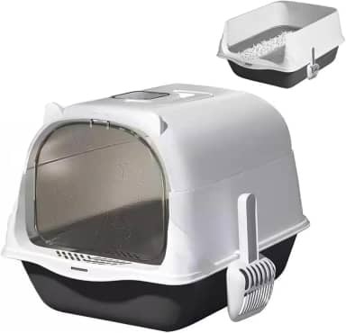 Caixa De Areia Fechada Para Gatos Grande Com Pá Higiênica Adequado Para Gatos De 0 A 30 Kg(Com colher de gato,Cinza)