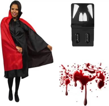 Fantasia Halloween Masculina Conde Drácula Capa de Vampiro Dupla Face Adulto Completo com Sangue e Presa