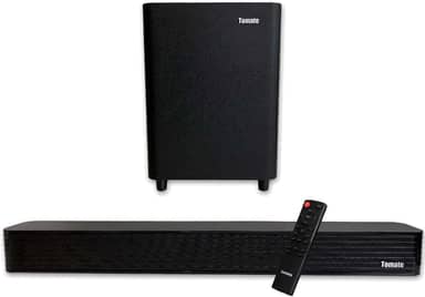 Kit Soundbar e Subwoofer Som de Cinema 2.1 Canais e Tecnologia Imersiva Entrada Óptica Coaxial USB e BT Acompanha Controle - Tomate