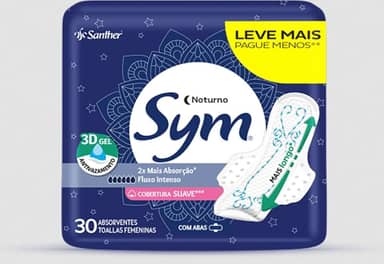 Sym Absorvente Premium Noturno Suave Com Abas Branco, 30 Unidades