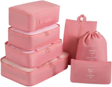 Kit Organizador de Malas para Viagem 7 Peças Conjunto Organizador Completo Bolsas Necessaire Sapatos Maquiagem Roupas Bagagem Organizada (Rosa)