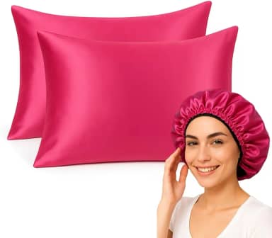 Kit Fronha de Cetim e Touca Antifrizz, Rosa, 2 Peças, 50 x 70 cm FEC