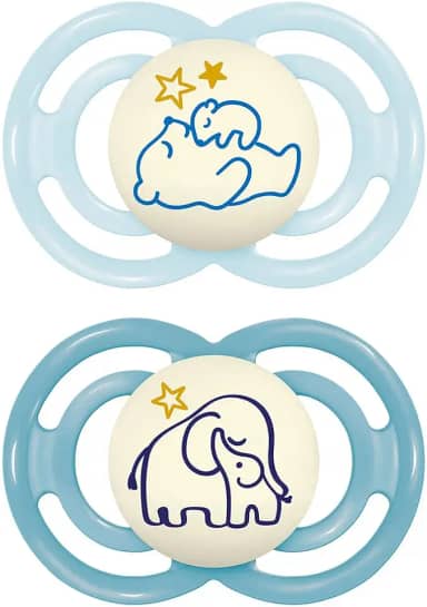 MAM Baby Kit com 2 Chupetas Perfect Night Com Botão que Brilha no Escuro e Bico de Silicone Skinsoft para Crianças 6+ Meses Com Caixa Esterilizadora, Azul