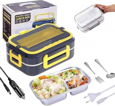 Marmita Elétrica Portátil De Aço Inoxidável 12V/110V-220V – Lancheira Térmica para Carro, Casa ou Trabalho, 3 Divisórias, Cor Azul com Amarelo, Aquece Refeições Quentes (Azul) - MJ BRANDS