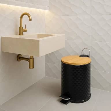 Lixeira com Pedal, 5 litros, Branca e Preta com Tampa de Bambu, Design Moderno Redonda com Amortecedor, com Pedal para Banheiro Cozinha Escritório (PRETA 3D)