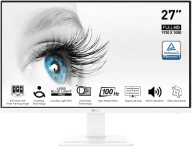 MSI Pro MP273AW, 27 polegadas, 1920 x 1080 (FHD), IPS, 100Hz, proteção visual certificada TUV, 4ms, Displayport, HDMI, inclinação, branco