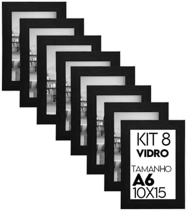 Kit 8 Porta Retrato 10x15 Moldura Fosca C/Vidro Comum (Preto)
