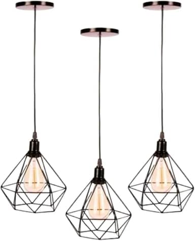 Kit Com 3 Luminárias Pendente Tipo Diamante Aço Modelo Teto (Preto)