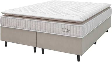 Cama Box Colchão Casal King Molas Ensacadas City Pillow Top 193x203x61cm Bege/Branco Hellen - Suporta até 110kg por Pessoa