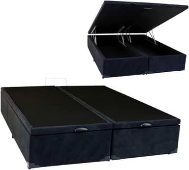 Cama Báu Box Base King Size Bipartido Suede Preto, RC. 203x193 com Pistão a Gás.
