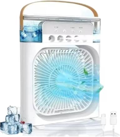 Ventilador de Mesa Portátil Led 4 em 1 Mini Ar Condicionado Umidificador Aromatizador Climatizador Água Gelo 3 Velocidades 5 Spray USB