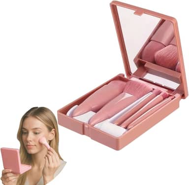 Kit 5 Pincéis de Maquiagem com Estojo e Espelho Portátil Possui Cerdas Macias Ideiais para Base, Pó, Blush, Sombras e Corretivo, Perfeito para Levar na Bolsa e em Viagens