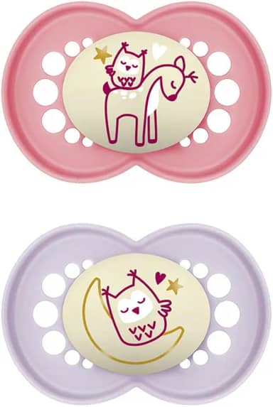 MAM Baby Kit Com 2 Chupetas Original Night Com Bico Simétrico de Silicone SkinSoft para Crianças 6+ Meses Com Caixa Esterilizadora, Rosa