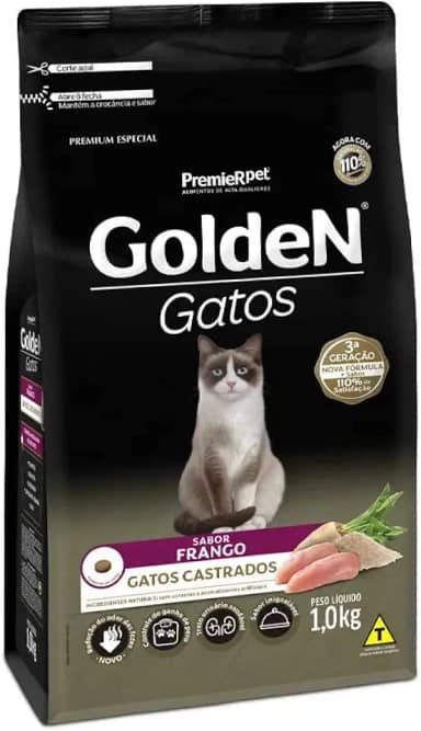 Ração Golden para Gatos Adultos Castrados Sabor Frango 3kg Premier Pet Raça Adulto,