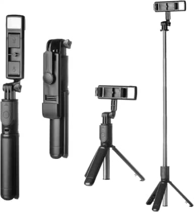 Bastão Pau de Selfie e Tripé de Mesa com Luz de Led para Celular Ajustável 360º Controle Bluetooth Destacável Suporte para Telefone Tripe de Viagem, Gravação de Vídeo Vlog, Vlogging, Cameras de Ação