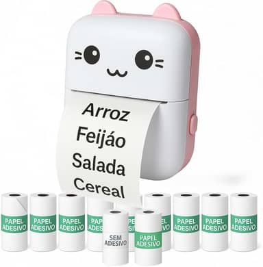 Mini impressora térmica portátil (Rosa) sem fio 200dpi + 10 rolos papel adesivo térmico e 1 rolo comum 57 * 30mm impressão bluetooth para fotos scanners, etiquetas