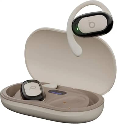 Basike Fone de Ouvido Bluetooth 5.4 Open Ear Sem Fio - OWS/TWS Áudio Hi-Fi Estéreo, 120h em Standby, Display LED, Toque Inteligente, Conforto para Uso Diário, Trabalho e Lazer – Bege Claro
