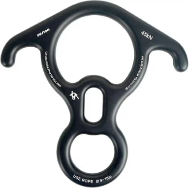 Fusion Climb Terminal de alumínio 8 preto descendente, dispositivo de amarração de orelha grande dobrada e engrenagem de rapel, perfeito para escalada, tirolesa e resgate (FP-8145-BLK)