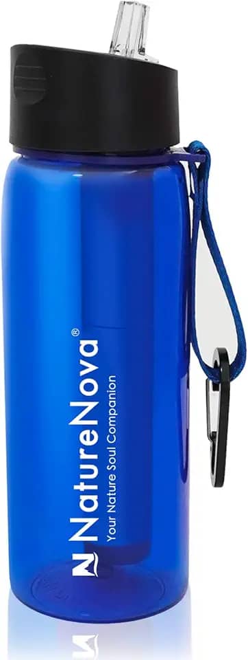 Garrafa Com Filtro De Água Naturenova Com Canudo De Filtro Integrado De 4 Estágios, Sem Bpa Para Camping, Caminhadas, Mochila, Emergência E Viagens, Azul 650Ml