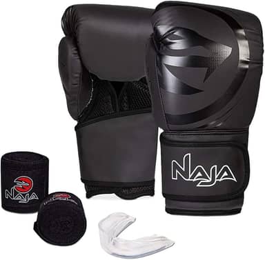 Luva de Boxe e Muay Thai Naja Black Line - 1 Par de luva + 1 Par de Bandagem Elástica + 1 Protetor Bucal