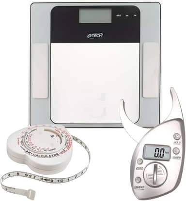 Kit Balança Digital Bioimpedância para Peso Corporal, Fita Antropométrica Incluída com índice IMC, Adipômetro Digital, Avalição Corporal