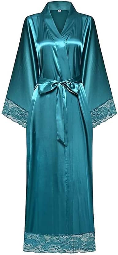 Roupão longo quimono feminino de cetim sedoso com acabamento em renda, roupão de banho de seda plus size, saída de banho leve