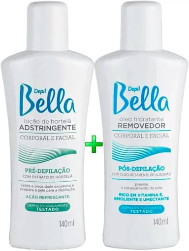 Depil Bella Kit Pré e Pós-Depilação, Loção Adstringente com Hortelã e Óleo Removedor com Semente de Algodão, 140ml cada