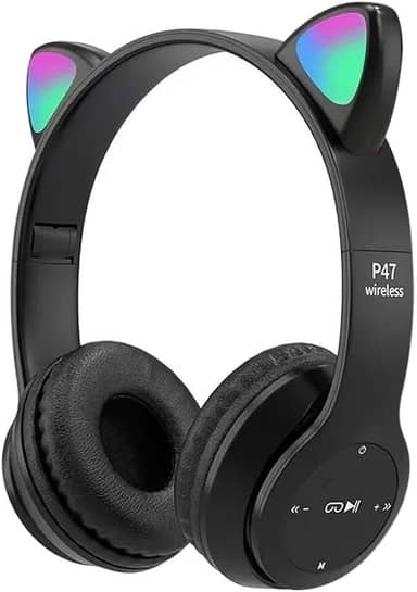 Fone De Ouvido Com Orelha de Gatinho Cat Ear Headphone Bluetooth com Luzes RGB para crianças e adultos (Preto)
