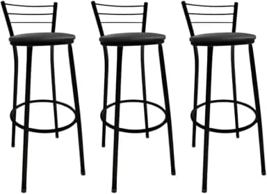 Kit 3 Banqueta de Bar Alta com Encosto - Para Cozinha Americana e Área de Lazer (Preto)