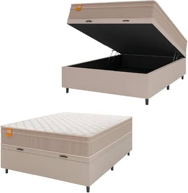 Cama Box Baú Casal Colchão Molas Qatar 138x188x63cm Bege/Branco Inducol - Suporta Até 200 Kg Por Pessoa