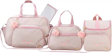 Kit Bolsa Maternidade 3 Peças com Mochila Garden Infantil Espaçosa Impermeável - Espera Feliz Baby (Bege com Rosa)