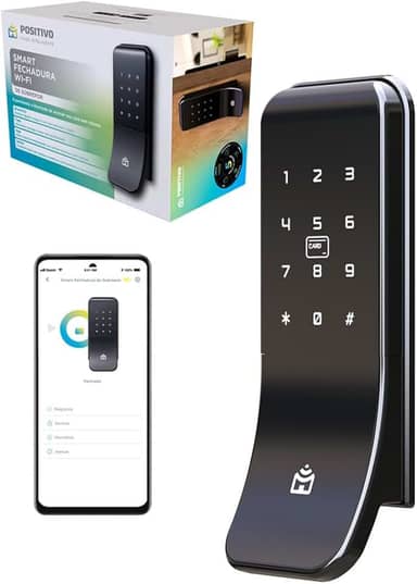 Smart Fechadura Digital Wi-Fi de Sobrepor Positivo Casa Inteligente, Abertura por Senha, Biometria, Tag, Chave e Aplicativo, Fechamento Automático – Preta