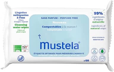 Mustela Toalhas Umedecidas Compostáveis Sem Perfume 60 Unidades - Feito com 99% de Ingredientes Naturais - Lenços Umedecidos sem fragrância Mustela Bebê e Criança