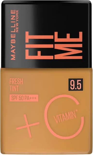 Maybelline NY Fit Me Fresh Tint Base Líquida, Proporciona Efeito Glow Natural, Controla a Oleosidade e Uniformiza a Pele com Vitamina C e FPS 50, Cor 9.5, 30ml