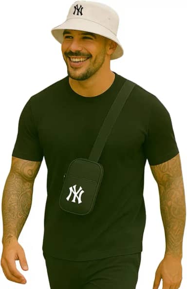 Kit Chapeu Bucket + Shoulder Bag Mini Bolsa Lateral Masculina NY
