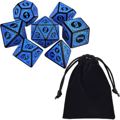 Kit 7 Dados Rpg Azul Runas D&d Boardgames Jogos de Mesa D4 D6 D8 D10 D10% D12 D20 + Bolsa de Veludo