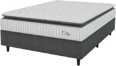 Cama Box Colchão Casal Molas Ensacadas City Pillow Top 138x188x61cm Branco/Cinza Hellen - Suporta até 110kg por Pessoa