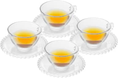 WOLFF - Conjunto 4 Xícaras de Chá de Cristal com Pires 180ml - Linha Pearl