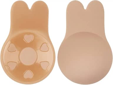 Sutiã Adesivo Reutilizável com Regulagem Frontal – Sem Alça, Levanta Seios, Formato Orelha de Coelho, Invisível para Vestidos e Decotes, Cor Bege