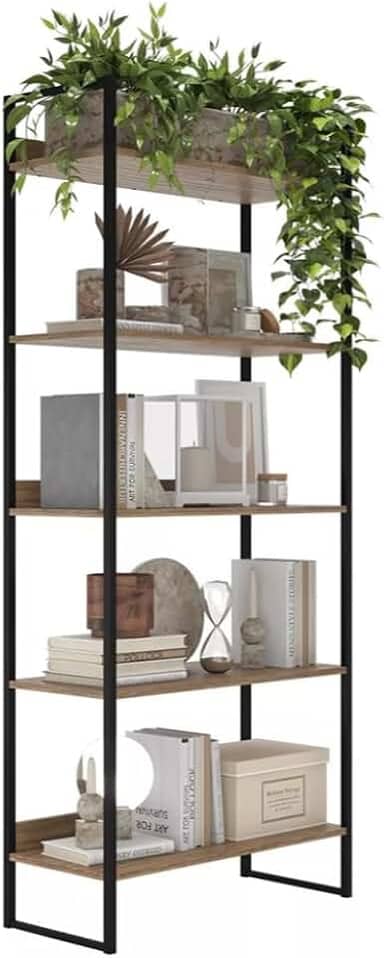 Estante Industrial 5 Prateleiras | Ferro E Madeira Laminada | Cor Preto Moderno